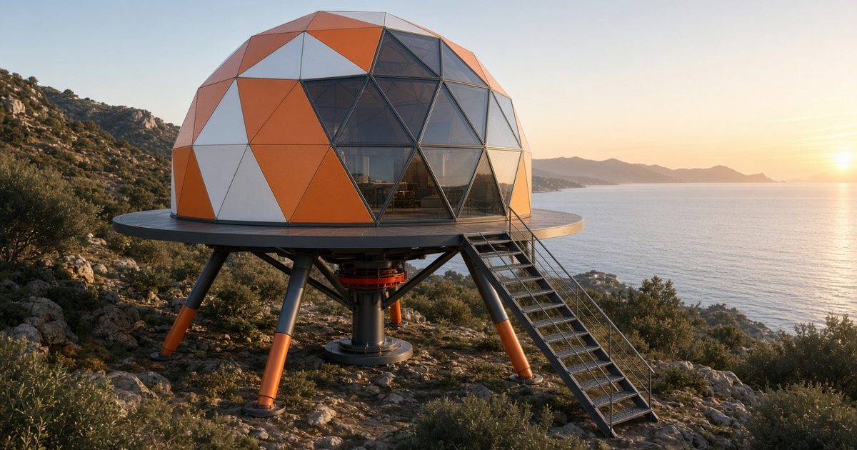 Walking Castle — visualisation of the dome on four legs by the sea