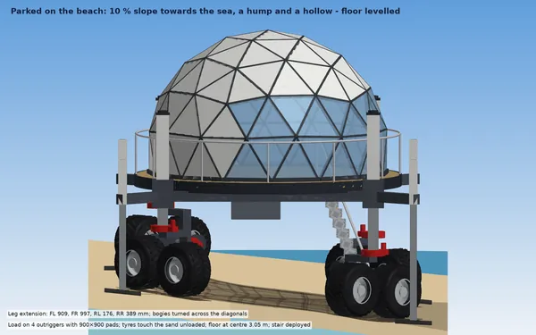 Parked on the beach, 10% slope with a hump and a hollow: floor levelled
