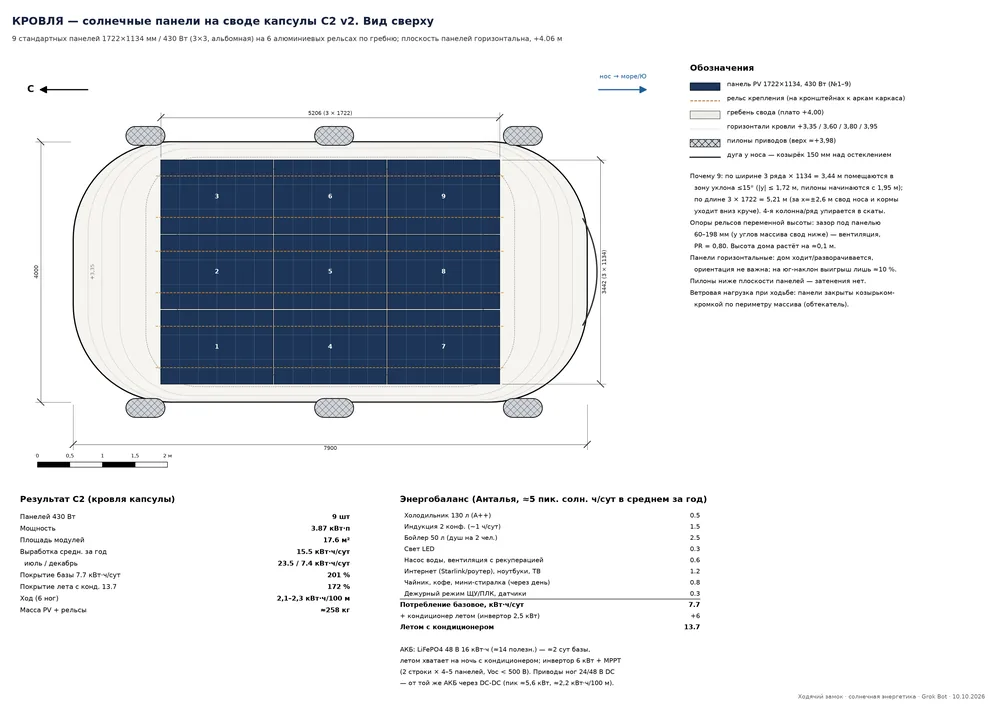 Roof, view from above: 9 solar panels on the capsule vault