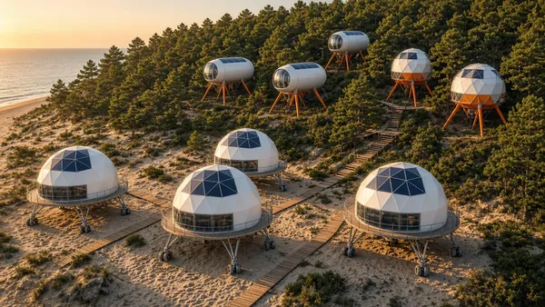 Visualisation: the village from above — domes on wheeled legs on the beach, capsules and domes on the slope, solar panels on the roofs
