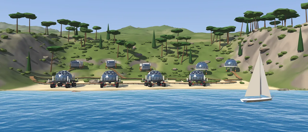 3D model of the village in FreeCAD: a 150 × 105 m stretch of coast, 4 wheeled domes by the water, 3 six-legged capsules and 2 domes on the slope, rooftop solar panels, wooden boardwalks.